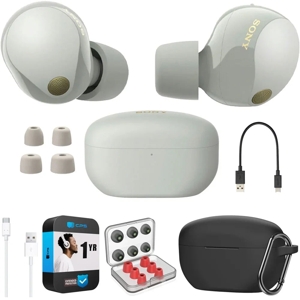 WF-1000XM5 Industry Leading Noise Canceling Truly Wireless Earbuds (Silver) Bundle with Silicone Case (Black), Memory Foam Ear Tips, USB-A to USB-C Cable & 1 YR CPS Enhanced Protection Pack