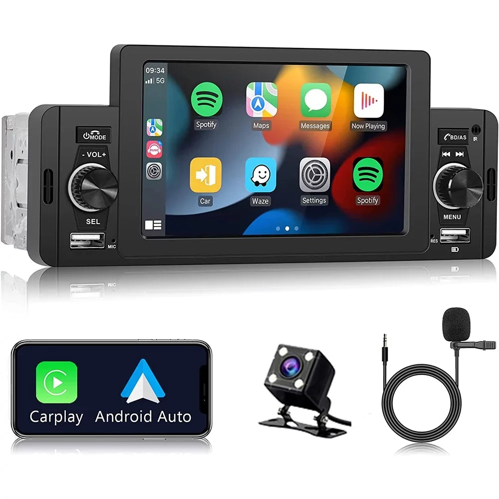Podofo Single 1 Din 5'' Touch Monitor Car Stereo Radio with Carplay Android Auto Mirror Link HD Car MP5 Multimedia Player Bluetooth USB FM Audio Receiver USB, Backup Camera Included