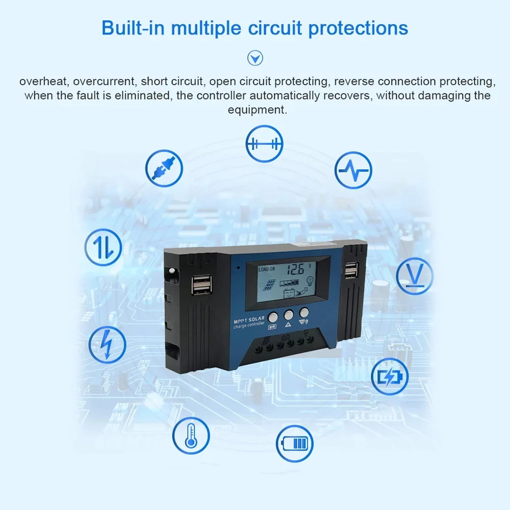 Vistreck 30A Solar Charge Controller 12/24V Auto Focus Solar Panel Controller Battery Processor Regulator with 4 USB Output Adjustable Parameter LCD Display Timer Setting