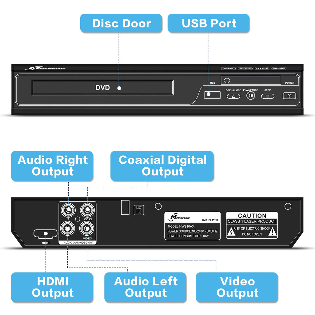 Mediasonic All Region DVD Player – Upscaling 1080P HDMI / AV Output, USB Multimedia Player Function, High Speed HDMI 2.0 & AV Cable Included (HW210AX)