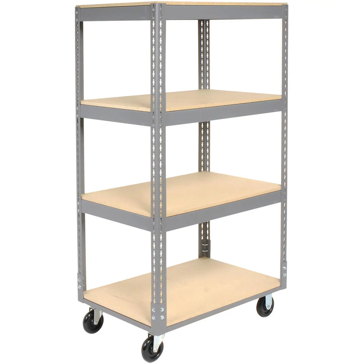 Easy Adjust Boltless 4 Shelf Truck, Wood Shelves, Polyurethane Casters, 48"L x 24"W x 65"H