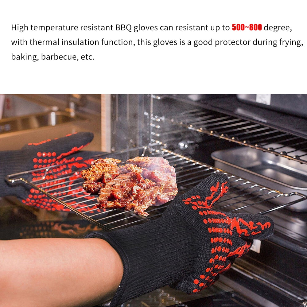 CACAGOO Barbecue Gloves with Silicone -slip Stripe Heat Proof Oven Gloves 500~800℃ Heat Resistant Grill Gloves for Outdoor Barbecue Garden Grilling Kitchen Cooking Welding
