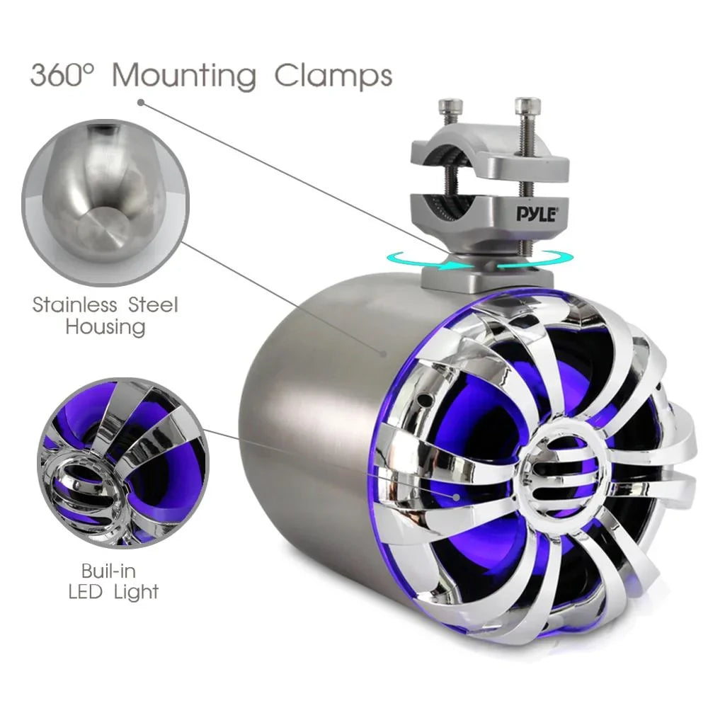 PYLE PLMRWB50L - Liquid Rated Marine Tower Speakers - Wakeboard Subwoofer Speaker System with Built-in LED Lights, Stainless Steel, 5.25'' (200 Watt)