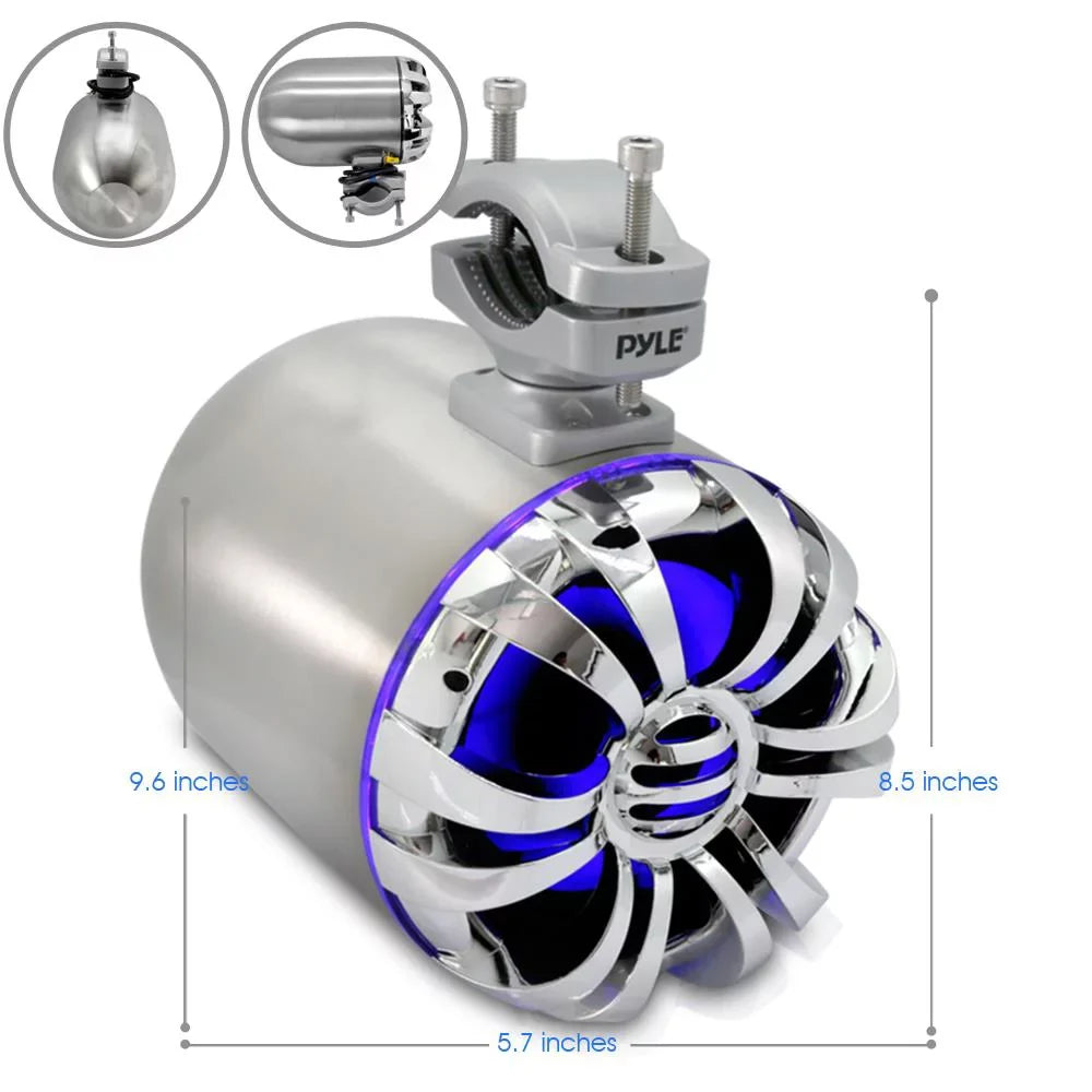 PYLE PLMRWB50L - Liquid Rated Marine Tower Speakers - Wakeboard Subwoofer Speaker System with Built-in LED Lights, Stainless Steel, 5.25'' (200 Watt)