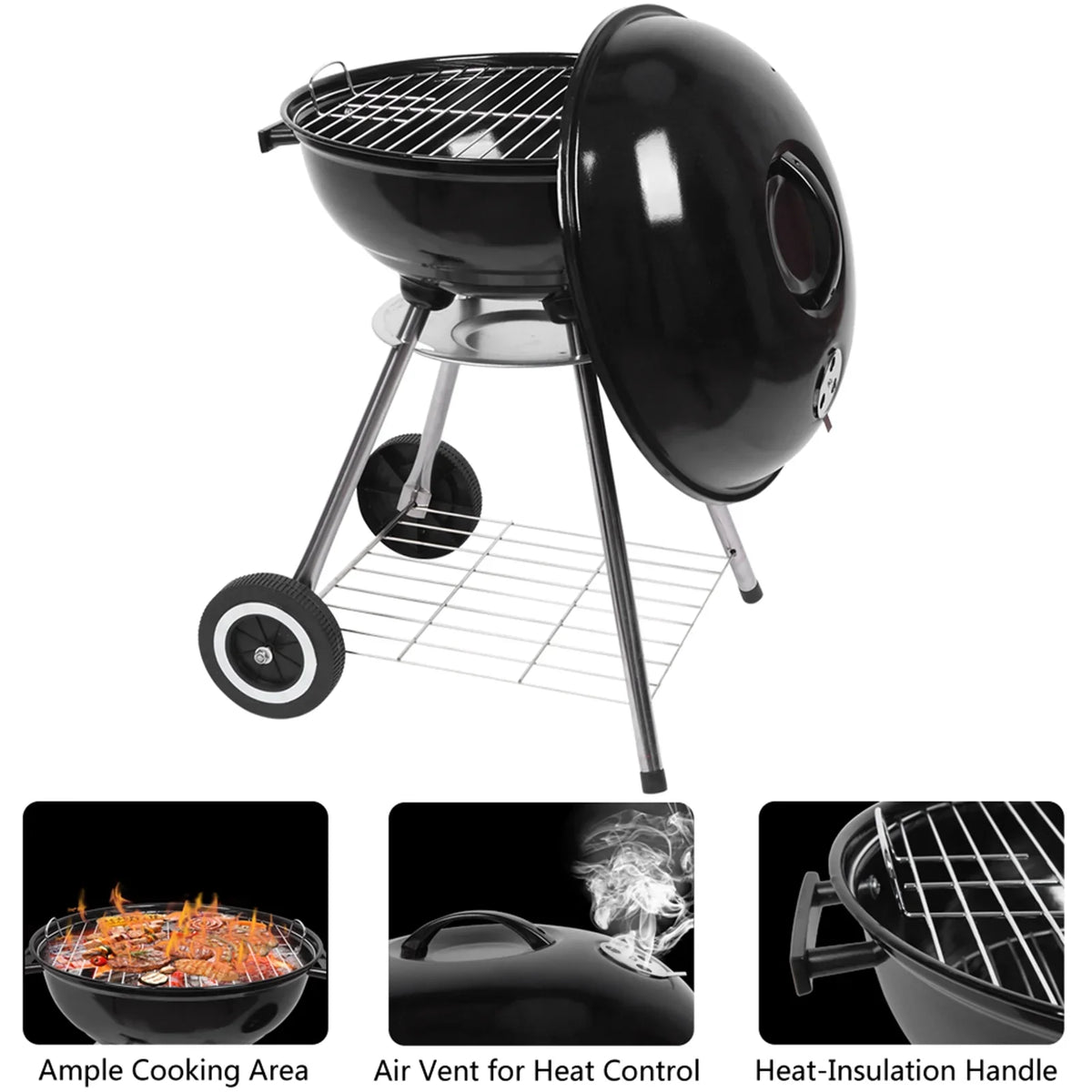 Charcoal Grill on Wheels, Outdoor Camping Grill with 18 inch Cooking Area, Steel BBQ Grill w/ Storage Grate