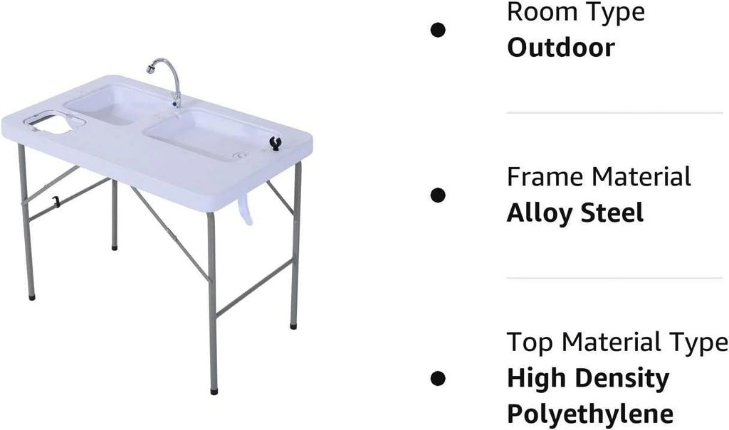 Folding Camping Table with Faucet and Dual Liquid Basins, Outdoor Fish Table Sink Station, for Picnic, Fishing, 40''