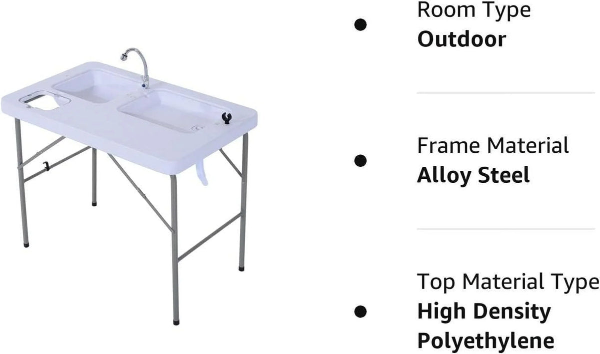 Folding Camping Table with Faucet and Dual Liquid Basins, Outdoor Fish Table Sink Station, for Picnic, Fishing, 40''