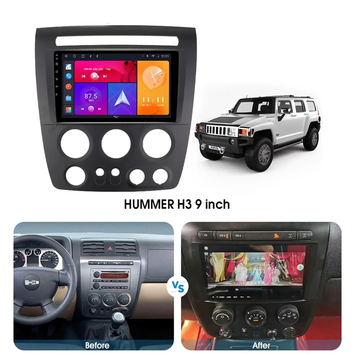 9" 1280*720 IPS 2+32GB Android 13 CarPlay Car Stereo Radio GPS Navi Fit Hummer H3 2005-2010