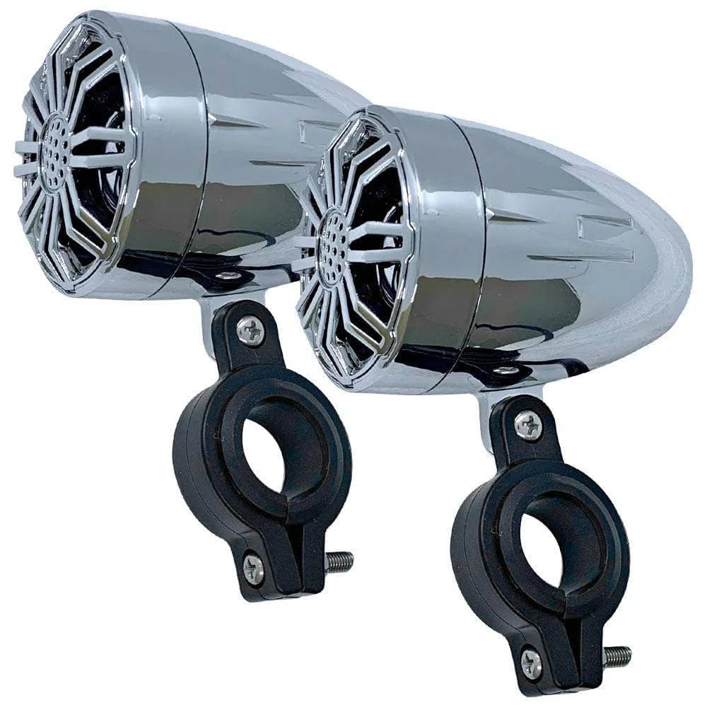 Pair of Chrome 2.25 Inch Fluid Speakers for Powersports, Liquid ATV, Off Road Vehicles, Motorcycles, Golf Carts - Mounting Clamps Included