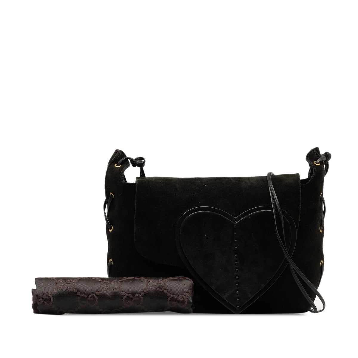 Pre-Owned Authenticated Gucci Heart Crossbody Suede Leather Black Crossbody Bag Unisex (Good)