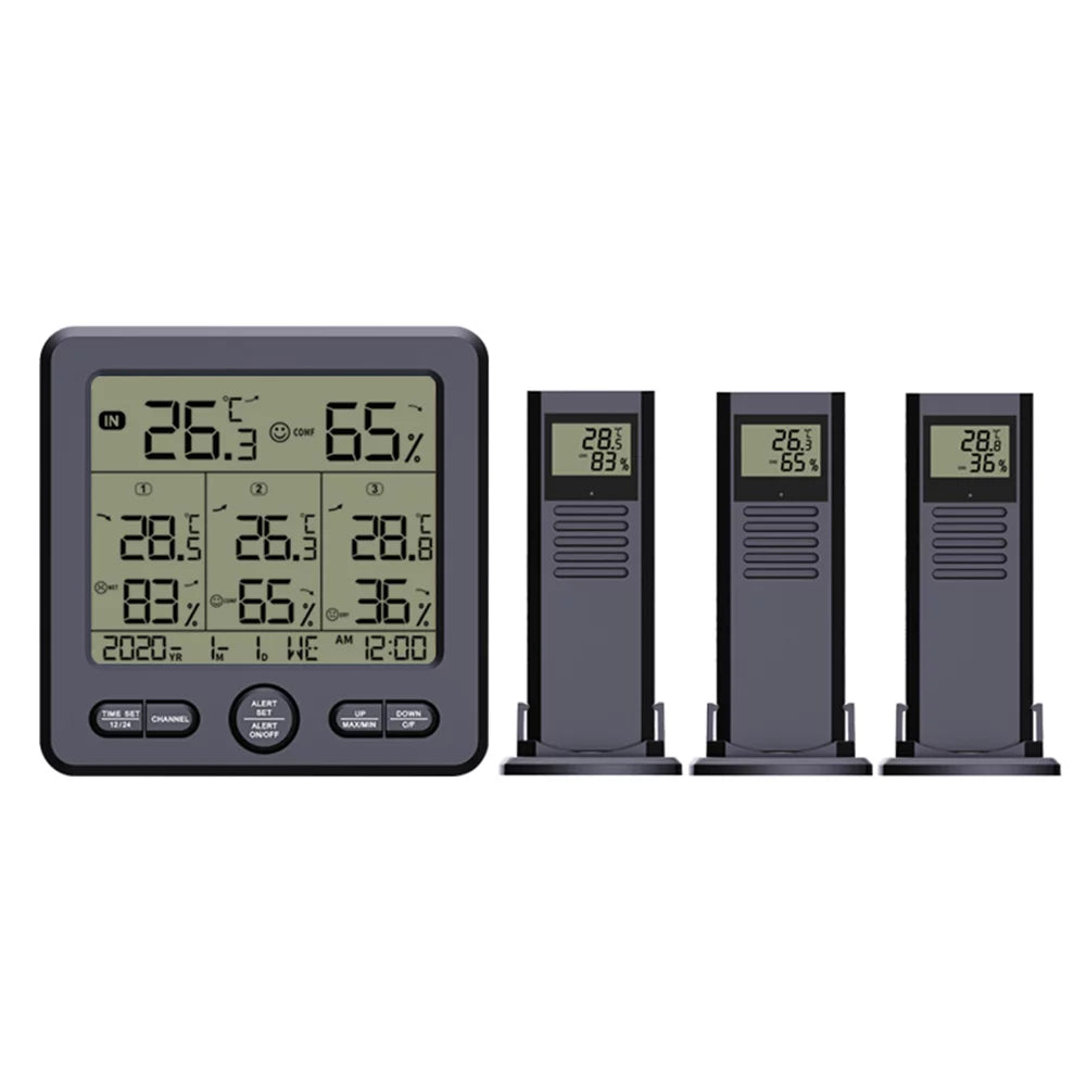 Digital Wireless Indoor Thermohygrometer with 3 Remote Sensors 98ft/ 30m Backlight & Alarm Calibration Function Humidity with 3 Transmitters Weather Stations for Home Office