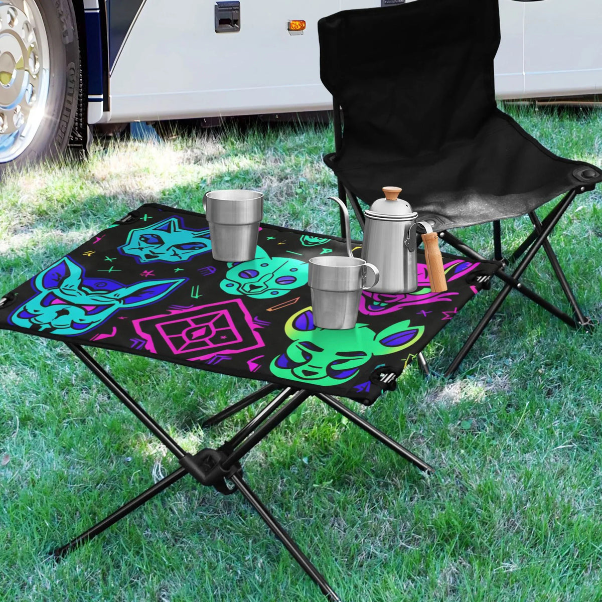 Magic Devils Lions Camping Folding Table Portable Beach Table with Storage Bag Compact Picnic Table for Outdoor Travel Fishing BBQ