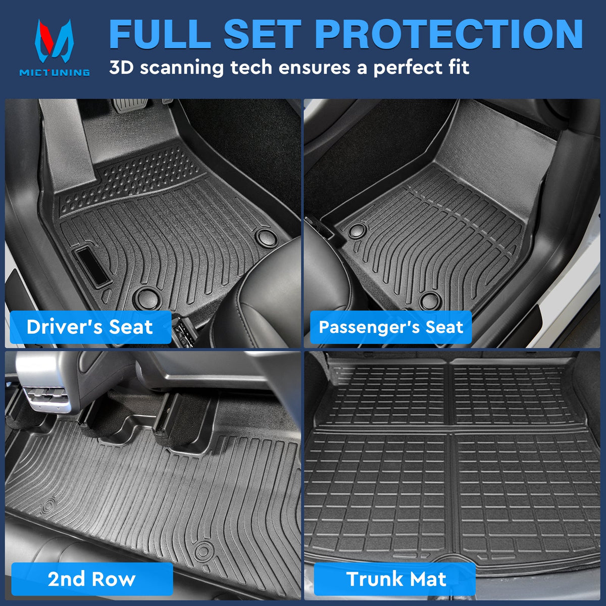 MICTUNING Floor Mats Compatible with Tesla Model Y 5 Seat 2021-2023, 1st, 2nd Row & Trunk Mat Liner Set Custom Fit, TPE Non-Slip All Weather Protection Fluid Non-Toxic, Black