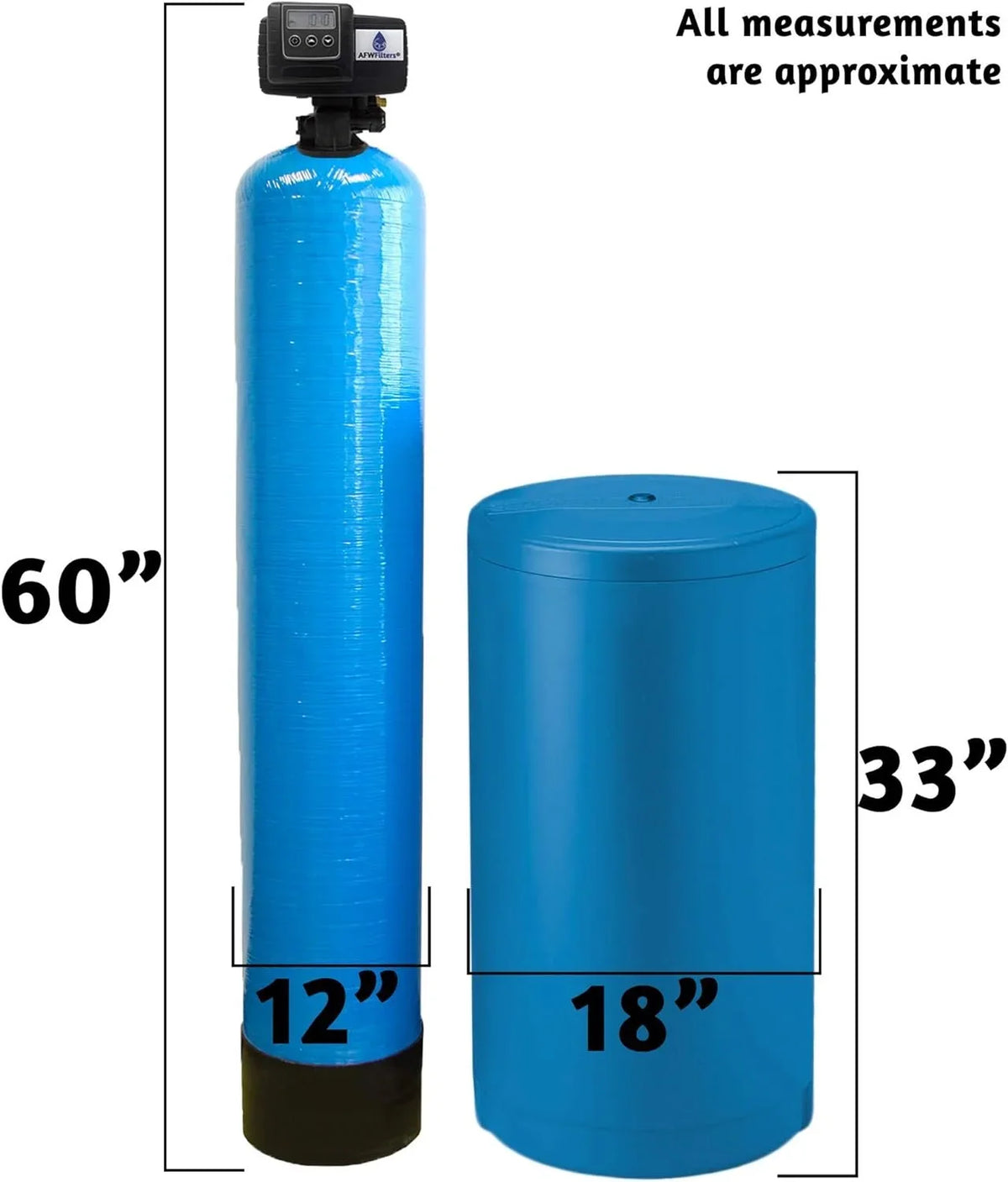 AFWFilters 2 cubic Foot 64k Whole Home Fluid Softener with High Capacity Resin, 1" Stainless Steel FNPT Connection, and Blue Tanks