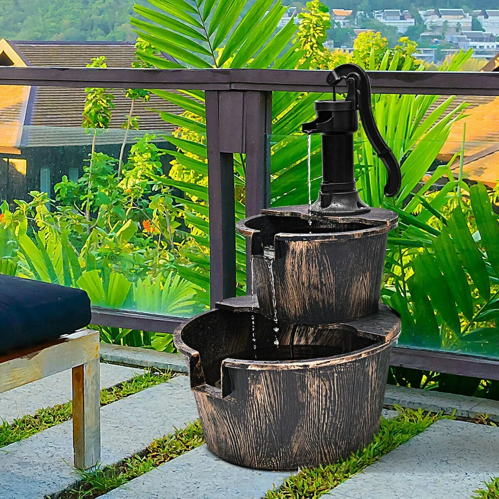 2-Tier Barrel Liquid Fountain with Pump | Outdoor Garden Barrel Fluid Fountain
