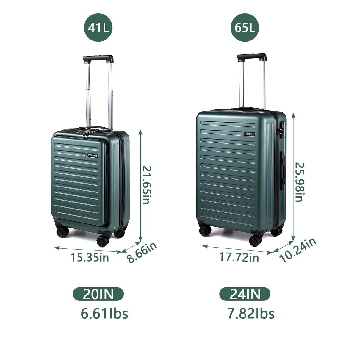 2 Piece 20/24 Luggage Set, Only 20 with Front Portable computer Pocket & Expandle, Lightweight ABS+PC Hardshell Suitcase with TSA Lock & Spinner Wheels, 20 Inch 37~41L + 24 Inch 65L, Dark Green