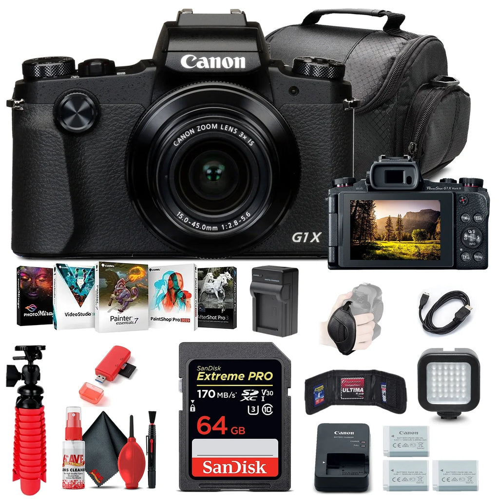 6TH Ave Electronics Bundle For PowerShot G1 X Mark III Digital Camera (2208C001), 64GB Card, 2 x NB13L Battery, Corel Software, Charger, LED Light, Soft Bag + More (International Model)