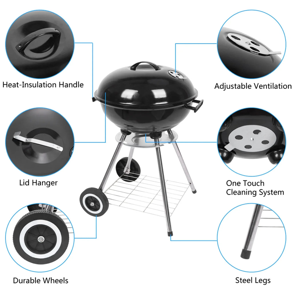 Charcoal Grill on Wheels, Outdoor Camping Grill with 18 inch Cooking Area, Steel BBQ Grill w/ Storage Grate