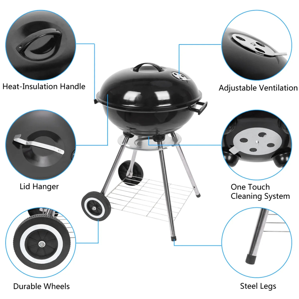 Charcoal Grill on Wheels, Outdoor Camping Grill with 18 inch Cooking Area, Steel BBQ Grill w/ Storage Grate