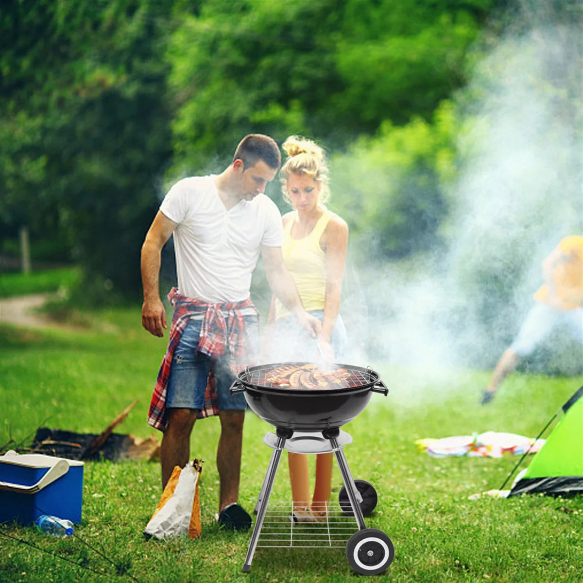 Charcoal Grill on Wheels, Outdoor Camping Grill with 18 inch Cooking Area, Steel BBQ Grill w/ Storage Grate