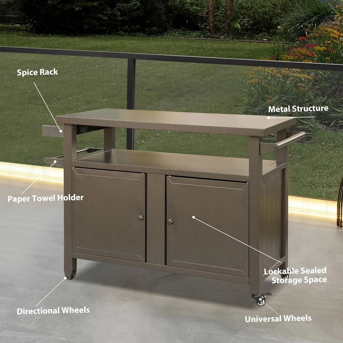Homiyad Grill Carts Outdoor Storage Cabinet with Wheels, Metal Outdoor Grill Table Kitchen Dining Table Cooking Prep BBQ Table for Patio, Kitchen Island, Home Party, Bar (Brown)