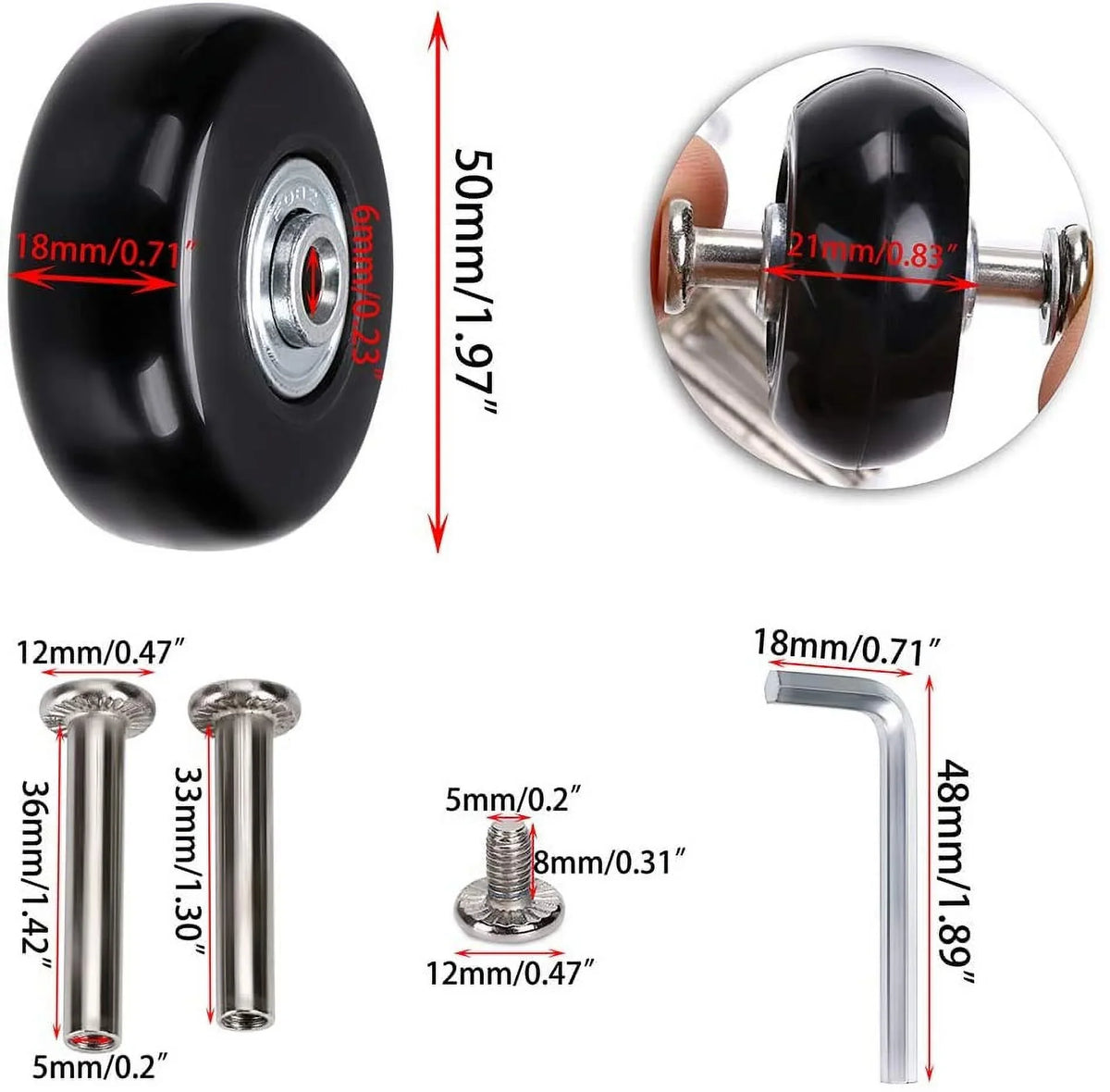 OwnMy 50 x 18mm Set of 4 Luggage Suitcase Replacement Wheels, Rubber Swivel Caster Wheels Bearings Repair Kits Black