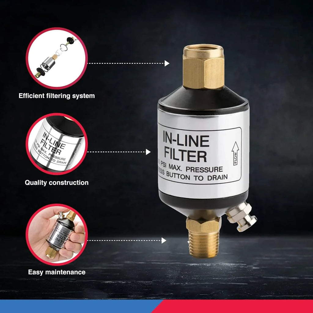NEIKO 30253A Liquid and Oil Separator for Air Line | 1/4" NPT Inlet and Outlet | 150 PSI | Air Compressor and Air Tool Accessory | Protect Lifespan of Pneumatic Tools | Optimize Efficiency Black