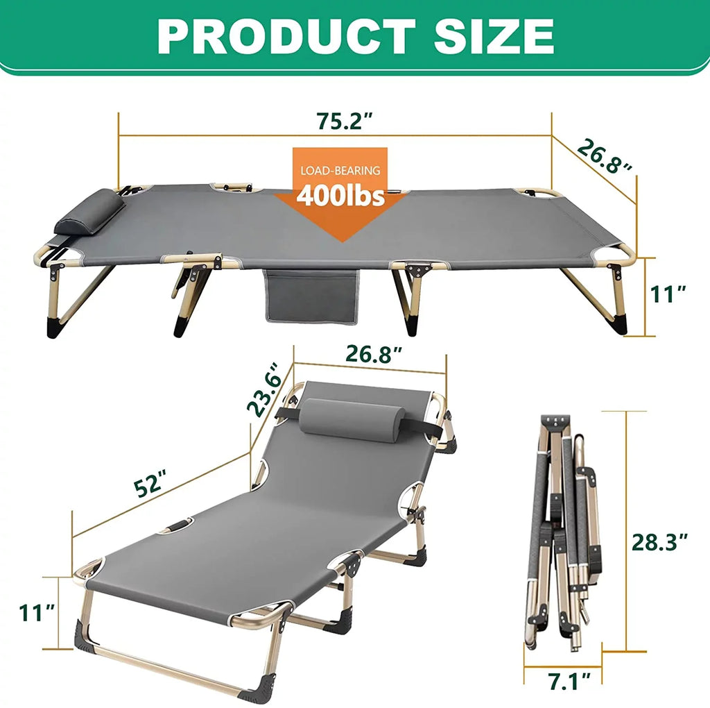 ABORON 4-Fold Portable Folding Chaise Lounge Chair,Camping Cot, with Pillow and Mattress, Adjustable Patio Recliner for Garden Beach Outdoor/Indoor