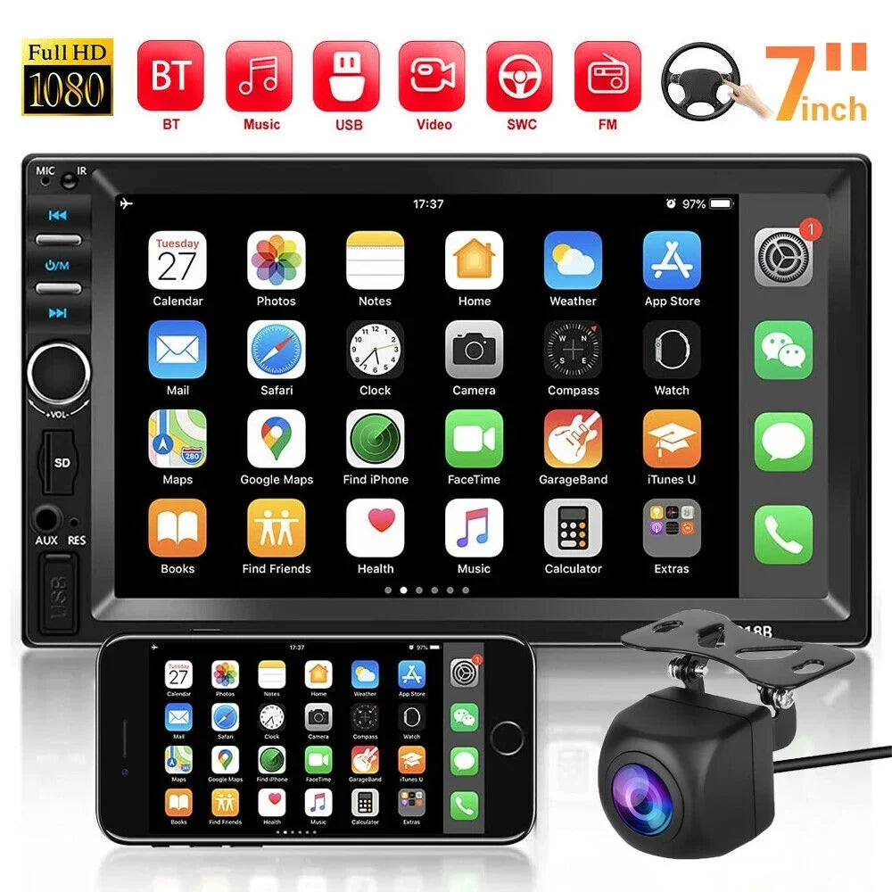 Double Din Car Stereo, 7In HD Bluetooth Car Radio MP5 Player Touch Monitor with Backup Camera, Vehicle Audio Receiver with Mirror Link, USB/Car Audio Receiver