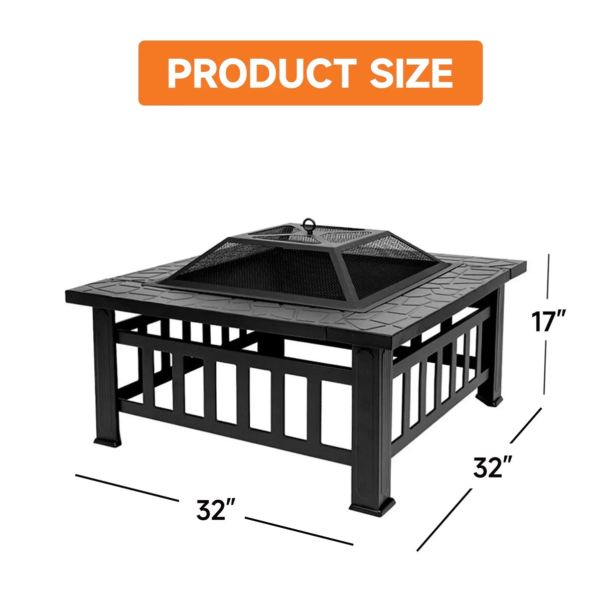 GSE Games & Sports Expert 32" Heavy Duty Square Patio Wood Fire Pit Table with Spark Monitor Cover, Log Grate, Liquid Cover and Fire Poker for Outdoor Backyard, Garden, Bonfire