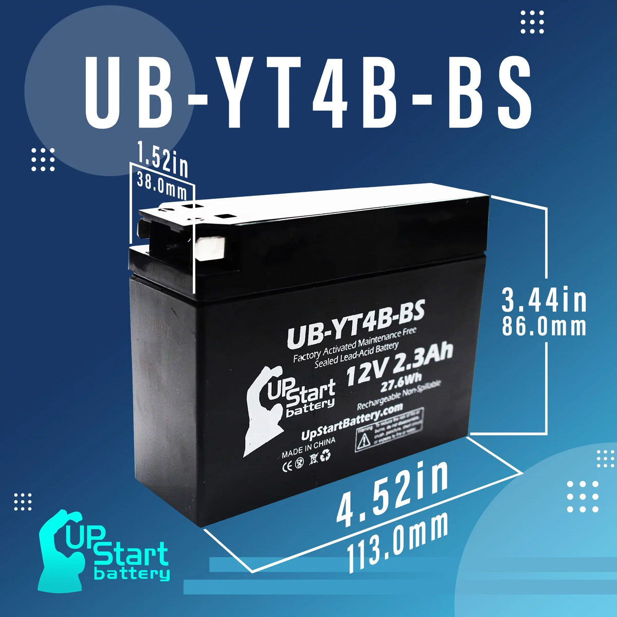 4-Pack UpStart Battery Replacement for 2015 Yamaha TTR110E 110CC Factory Activated, Maintenance Free, Motorcycle Battery - 12V, 2.3Ah, UB-YT4B-BS