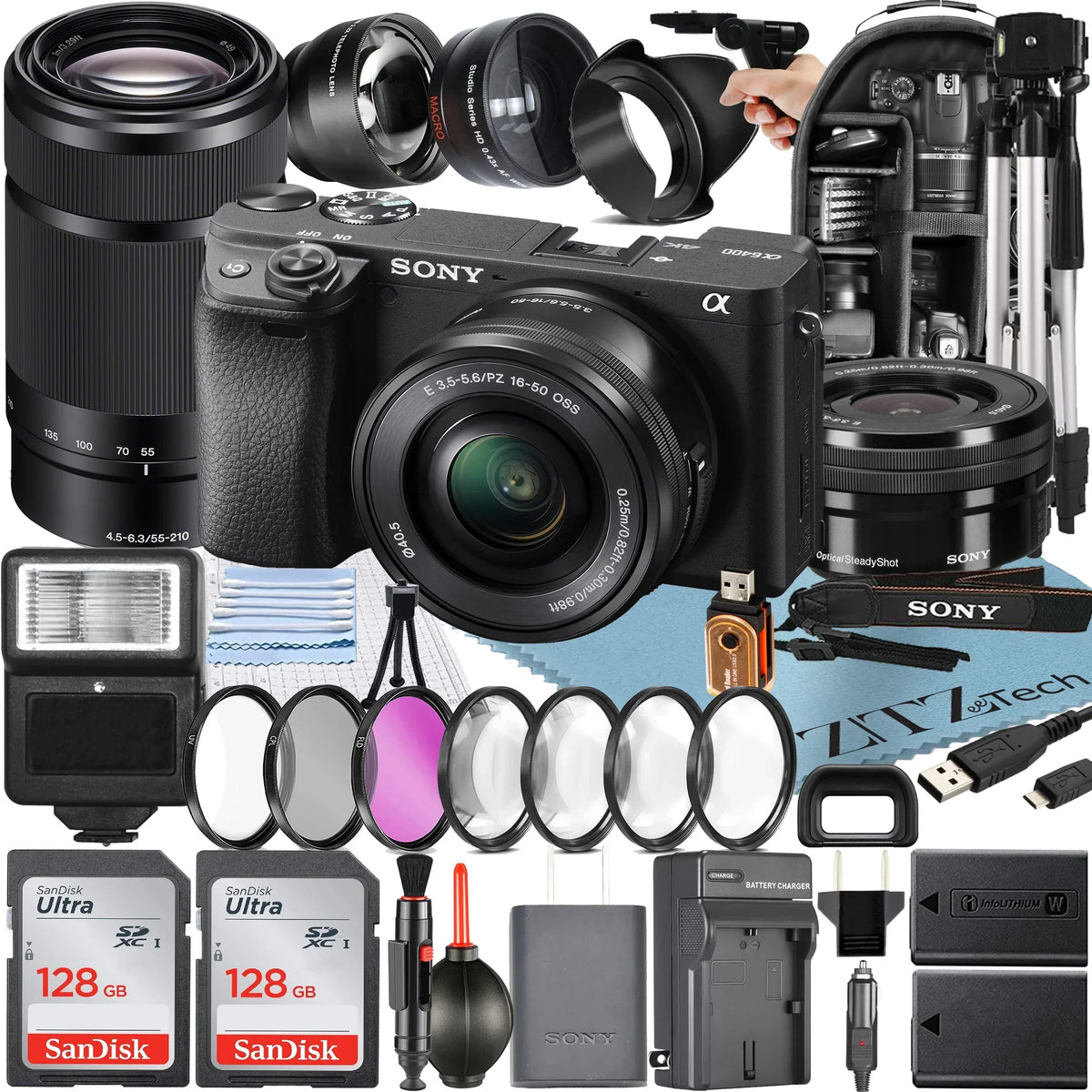 Alpha a6400 Mirrorless Digital Camera with E PZ 16-50mm + E 55-210mm OSS Lens + 2 Pack SanDisk 128GB Card + Backpack + ZeeTech Accessory Bundle