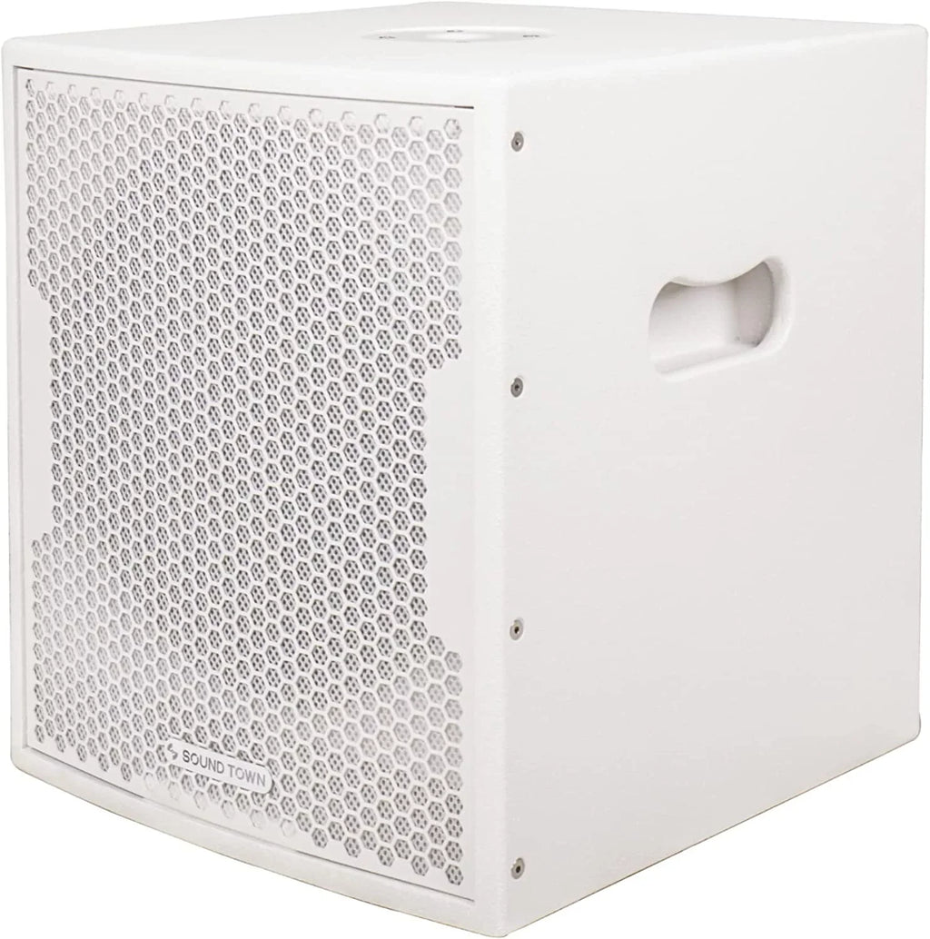 Sound Town 1400 Watts 12” Powered PA DJ Subwoofer with 2 Speaker Outputs, Folded Horn Design, White for Live Sound, Stage, Church, Lounge, Bar (CARPO-12DSWPW)