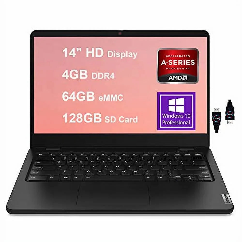 Ideapad 14W Gen 2 14 Business Notebook | 14" HD Anti-Glare Display | 3000 Series 3015e Processor | 4GB DDR4 64GB eMMC 128GB SD Card | Radeon Graphic HDMI Win10 Pro Black + HDMI Cable