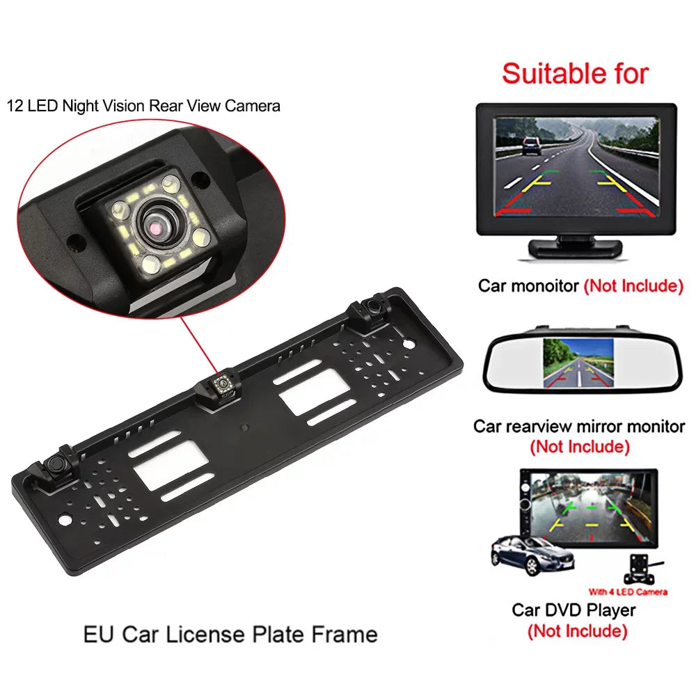 European License Plate Frame Backup Camera 12 LED Rear View Camera with Reversing System Parking Sensor
