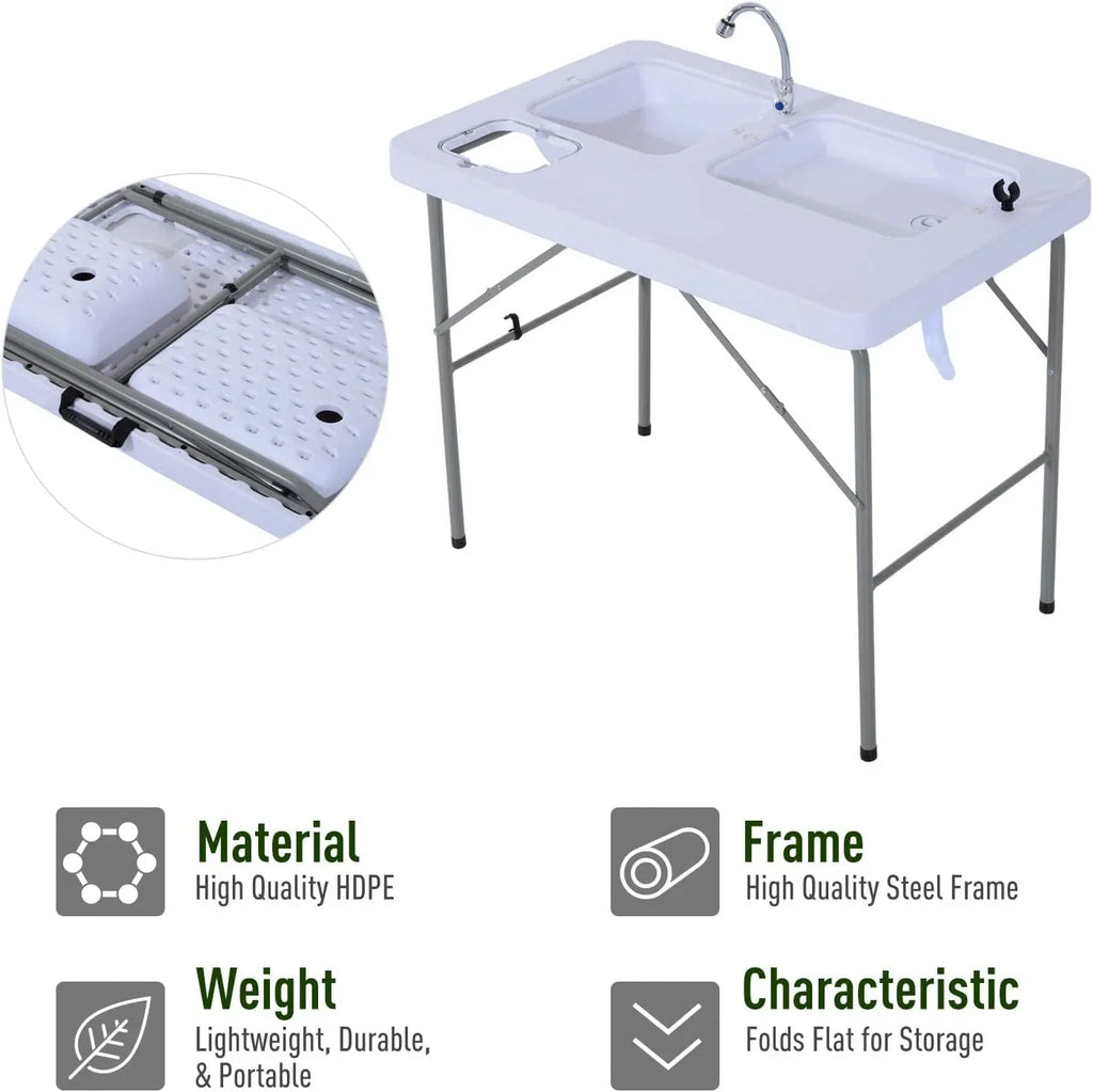 Folding Camping Table with Faucet and Dual Liquid Basins, Outdoor Fish Table Sink Station, for Picnic, Fishing, 40''