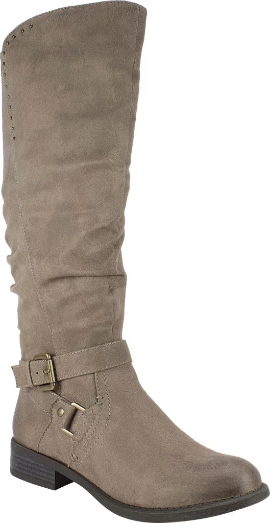 WHITE MOUNTAIN Womens Beige Studded Stretch Gore Cushioned Wide Calf Ruched Buckle Accent Liona Round Toe Block Heel Zip-Up Riding Boot 5 M WC