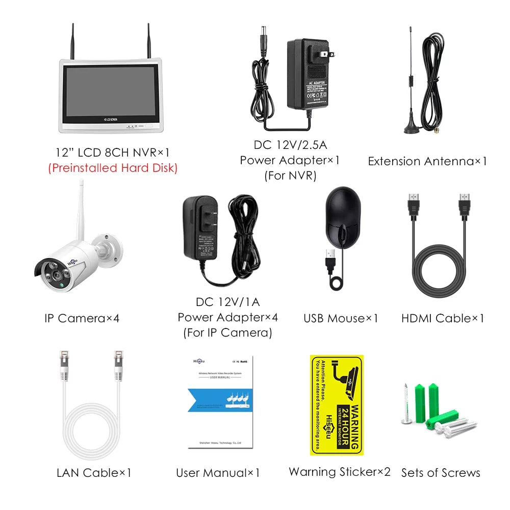 Hiseeu 3MP Security Camera System with 12.1" Monitor, 3TB Hard Drive, 4Pcs Security Cameras Wireless Wifi for Recording and Remote View, Home Security Camera System (Supports Only 2.4Ghz Wi-Fi)