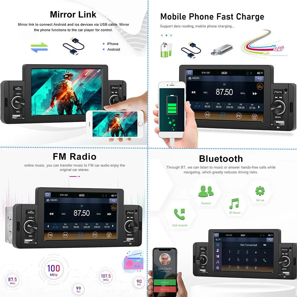 Podofo Single 1 Din 5'' Touch Monitor Car Stereo Radio with Carplay Android Auto Mirror Link HD Car MP5 Multimedia Player Bluetooth USB FM Audio Receiver USB, Backup Camera Included