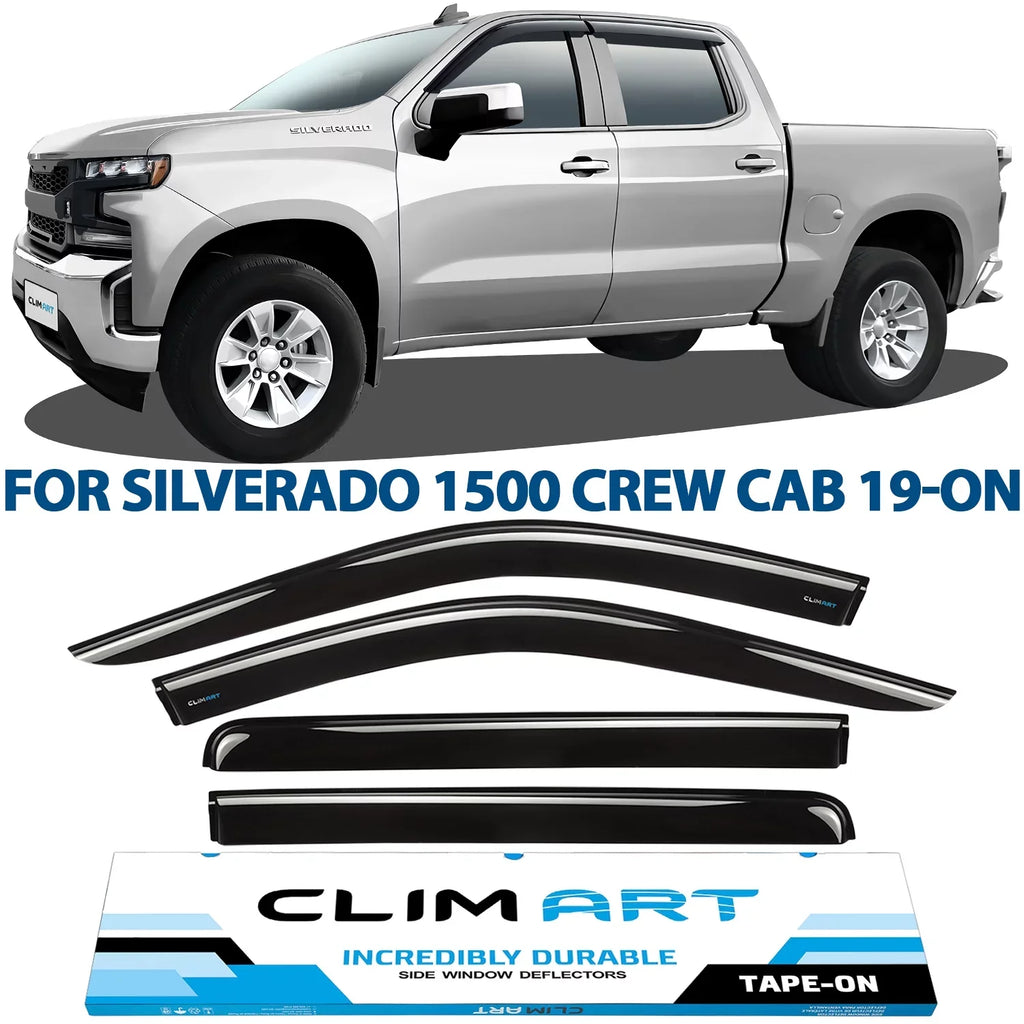 CLIM ART Incredibly Long-lasting Rain Guards Compatible with Chevrolet (Chevy) Silverado/GMC Sierra 1500 2019-2024 Crew Cab, Truck Accessories, Tape-on Window Deflectors, Vent Window Visors, 4pcs- 419160