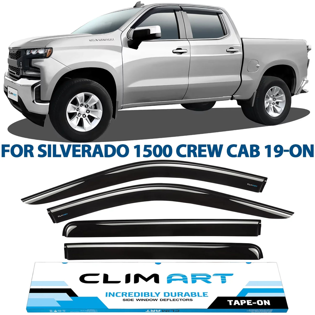 CLIM ART Incredibly Long-lasting Rain Guards Compatible with Chevrolet (Chevy) Silverado/GMC Sierra 1500 2019-2024 Crew Cab, Truck Accessories, Tape-on Window Deflectors, Vent Window Visors, 4pcs- 419160