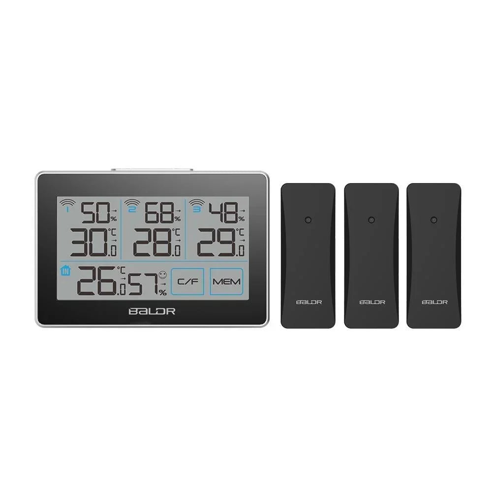 BALDR Digital Wireless Weather Station with 3 Remote Sensors, Real-Time Humidity Meter and Temperature Tracker with LCD, Display Built-in Stand and Hanging Slot, 262 ft Max Distance - Black