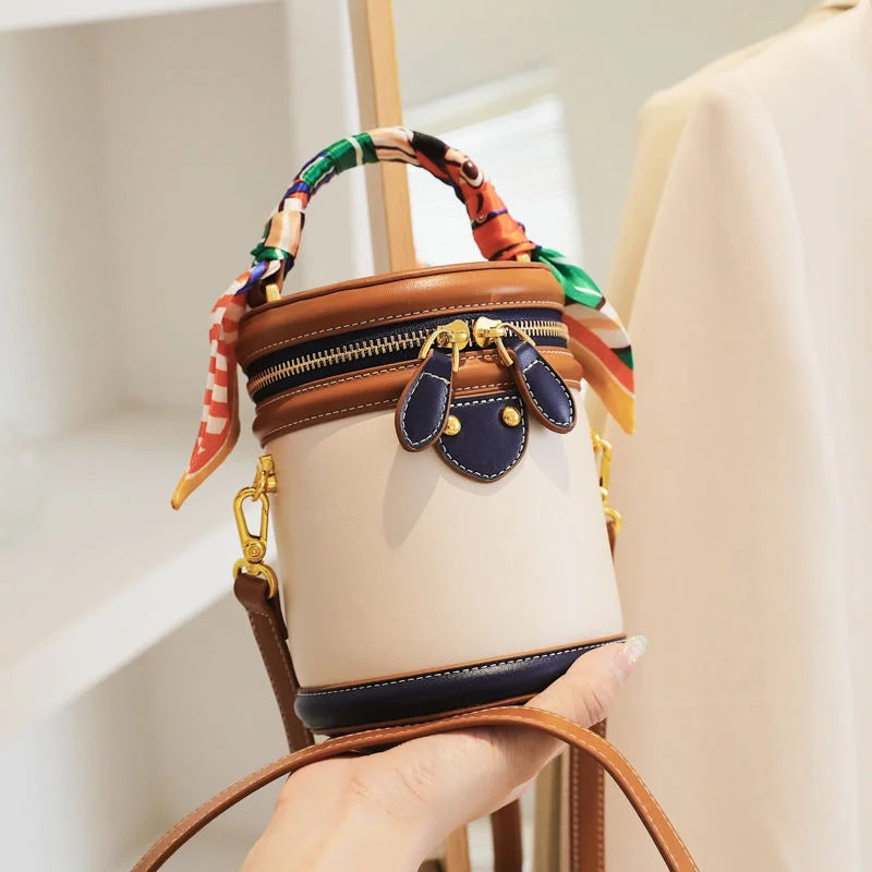 moocr Shoulder Cylinder Bucket Bag Scarf Decor Top Handle Bag Stylish Crossbody Purse For Women