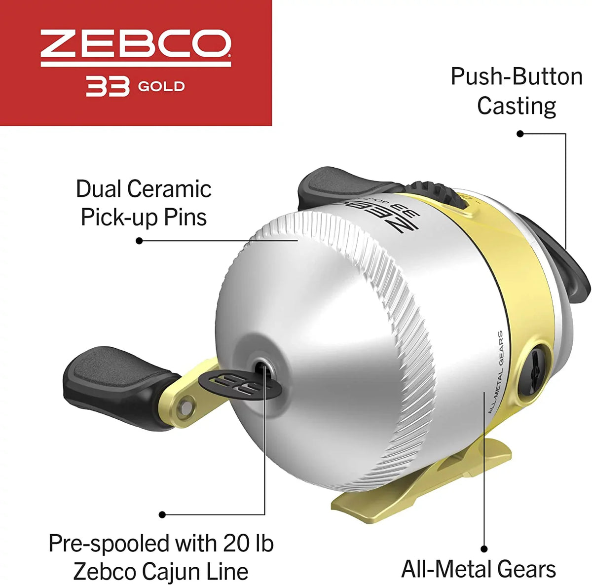 Zebco 33 MAX Gold Spincast Fishing Reel, 2+1 Bearings with a Smooth and Powerful 2.6:1 Gear Ratio and Instant Anti-Reverse, Lightweight Graphite Frame and a MicroFine Dial-Adjustable Drag, Silver/Gold