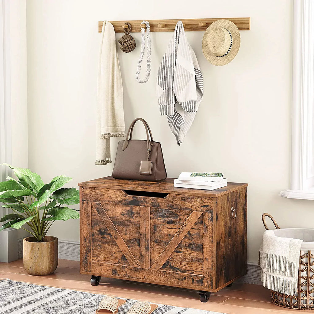 WAGEE Storage Chest, Storage Trunk on Wheels, Sturdy Storage Bench Supports 220 lb, Wooden Entryway Bench, Shoe Bench, Movable, Safety Hinge, U-Shaped Opening, Easy Assembly, Rustic Brown FG74CW01