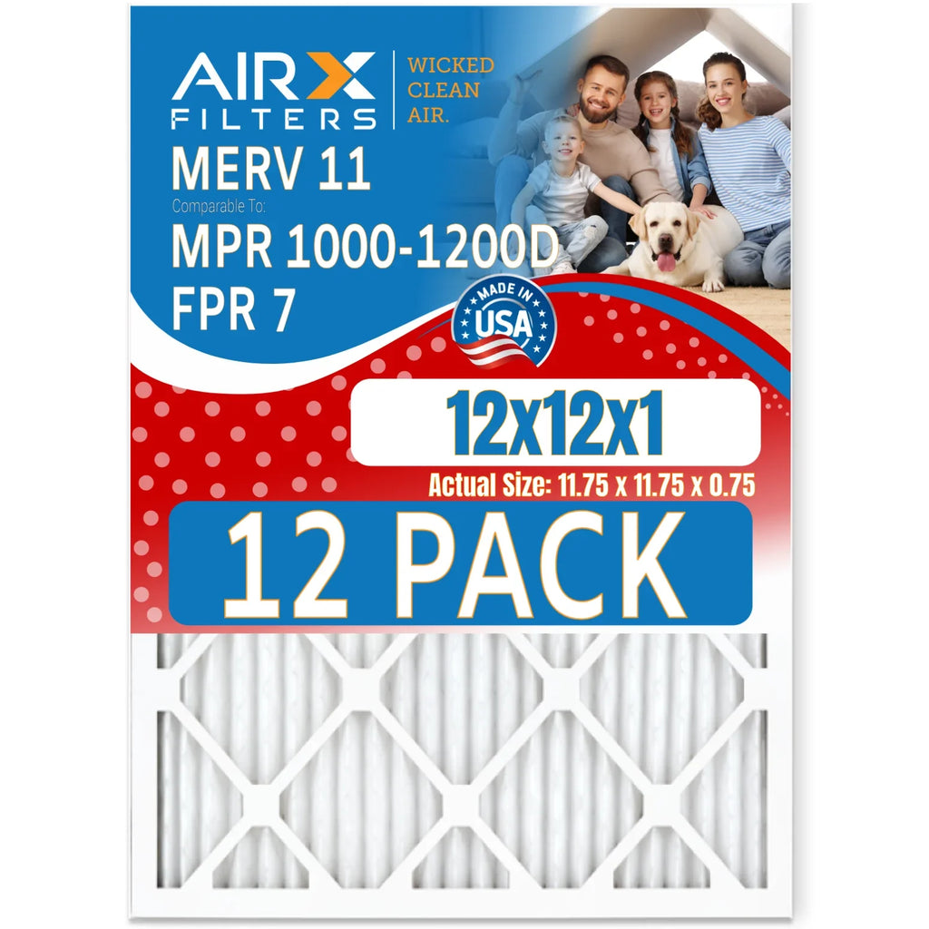 12x12x1 Air Filter MERV 11 Rating, 12 Pack of Furnace Filters Comparable to MPR 1000, MPR 1200 & FPR 7 - Made in USA by AIRX FILTERS WICKED CLEAN AIR.