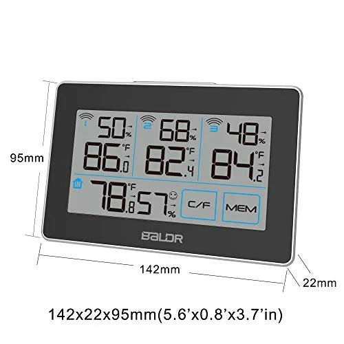 BALDR Digital Wireless Weather Station with 3 Remote Sensors, Real-Time Humidity Meter and Temperature Tracker with LCD, Display Built-in Stand and Hanging Slot, 262 ft Max Distance - Black