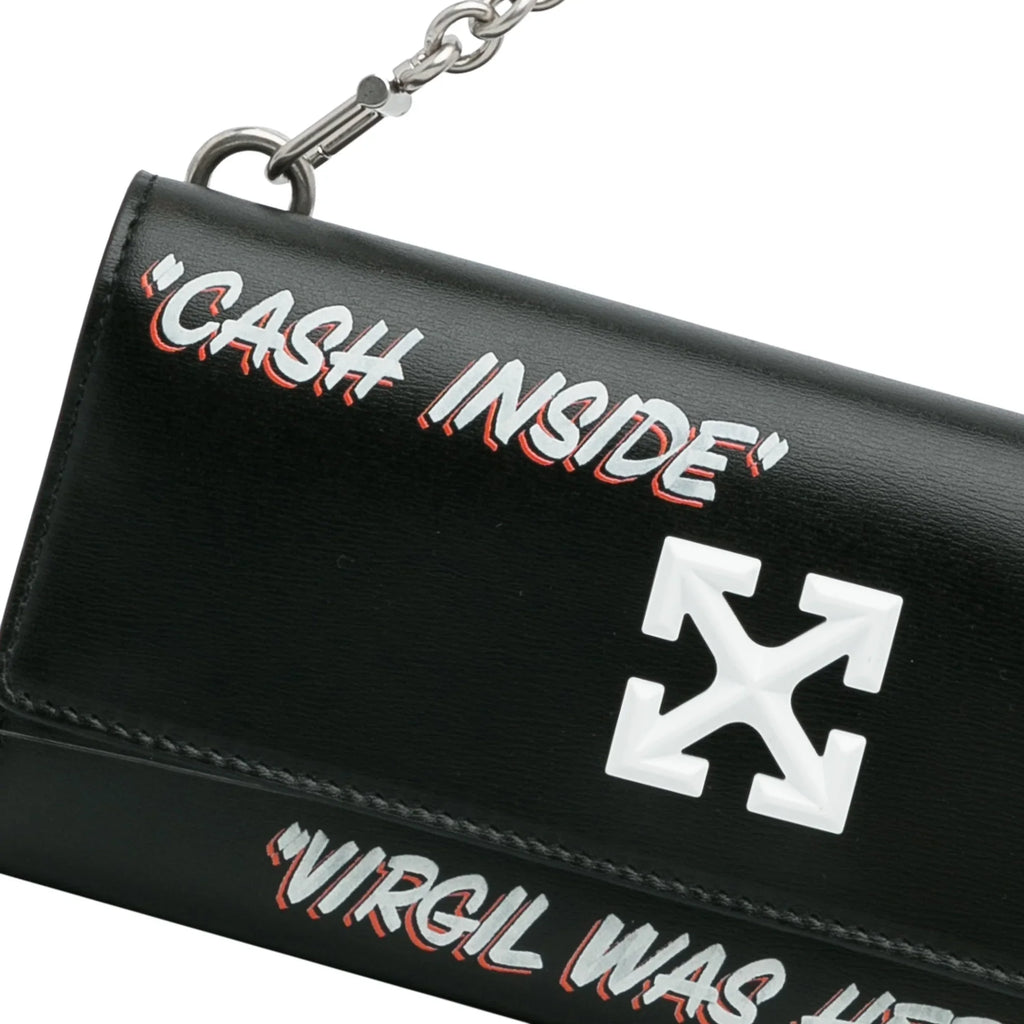 Pre-Owned Authenticated Off-White Jitney Quote Wallet on Chain Calf Leather Black Shoulder Bag Unisex (Like New)