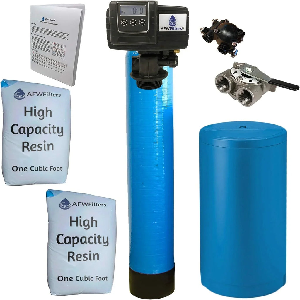 AFWFilters 2 cubic Foot 64k Whole Home Fluid Softener with High Capacity Resin, 1" Stainless Steel FNPT Connection, and Blue Tanks