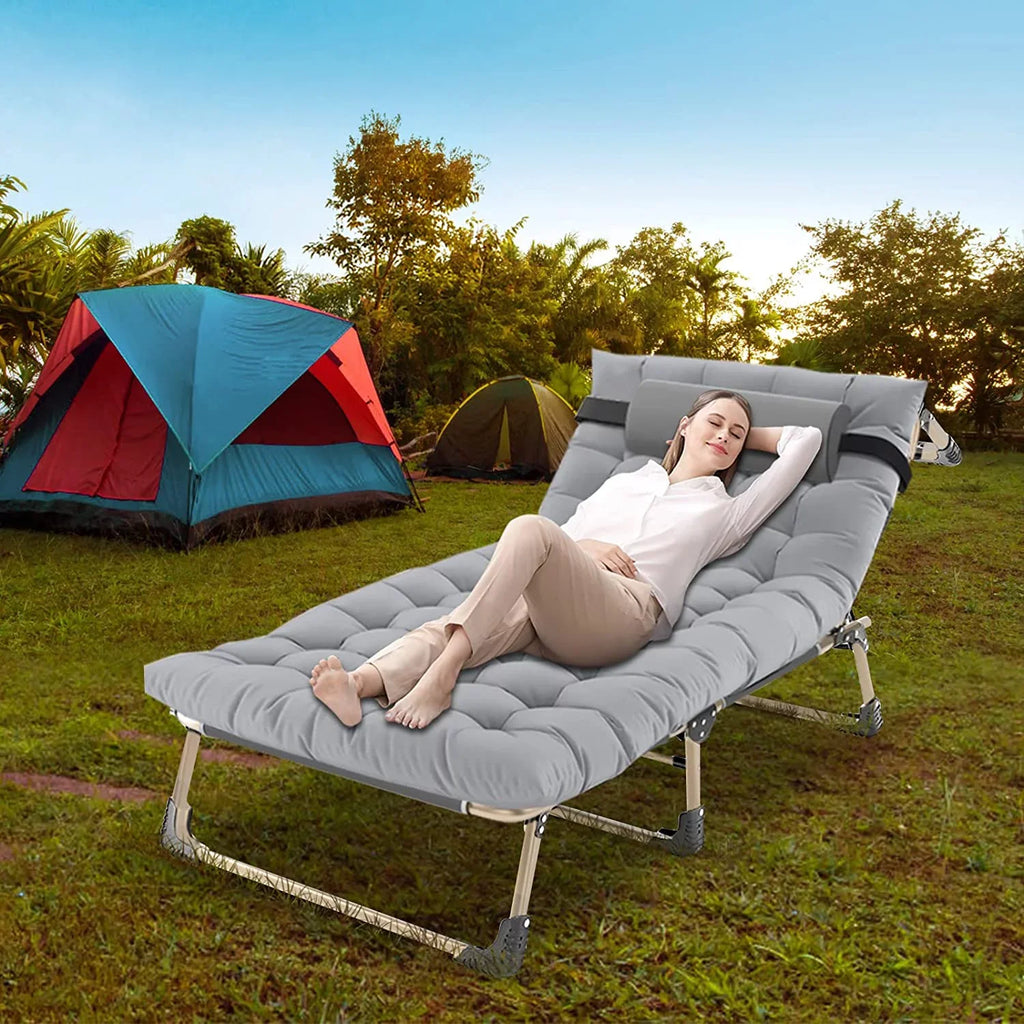 ABORON 4-Fold Portable Folding Chaise Lounge Chair,Camping Cot, with Pillow and Mattress, Adjustable Patio Recliner for Garden Beach Outdoor/Indoor
